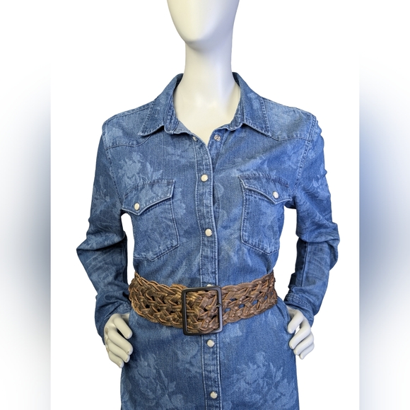 GAP Western Pearl Snap Denim Dress | Bleached Floral Wash | 100% Cotton | Size M - Picture 2 of 8